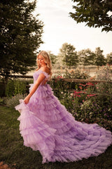 Off the Shoulder Lilac Tiered Tulle Slit Prom Dresses