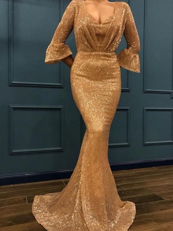 3/4 Sleeves V-Neck Ruffles Sequins Prom Dresses