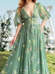 A-Line/Princess V-Neck Short Sleeves Floral Long Formal Prom Dresses With Flowers Sexy