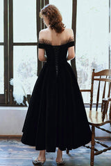 Cute Velvet A-Line Tea Length Prom Dresses, Black Party Dresses