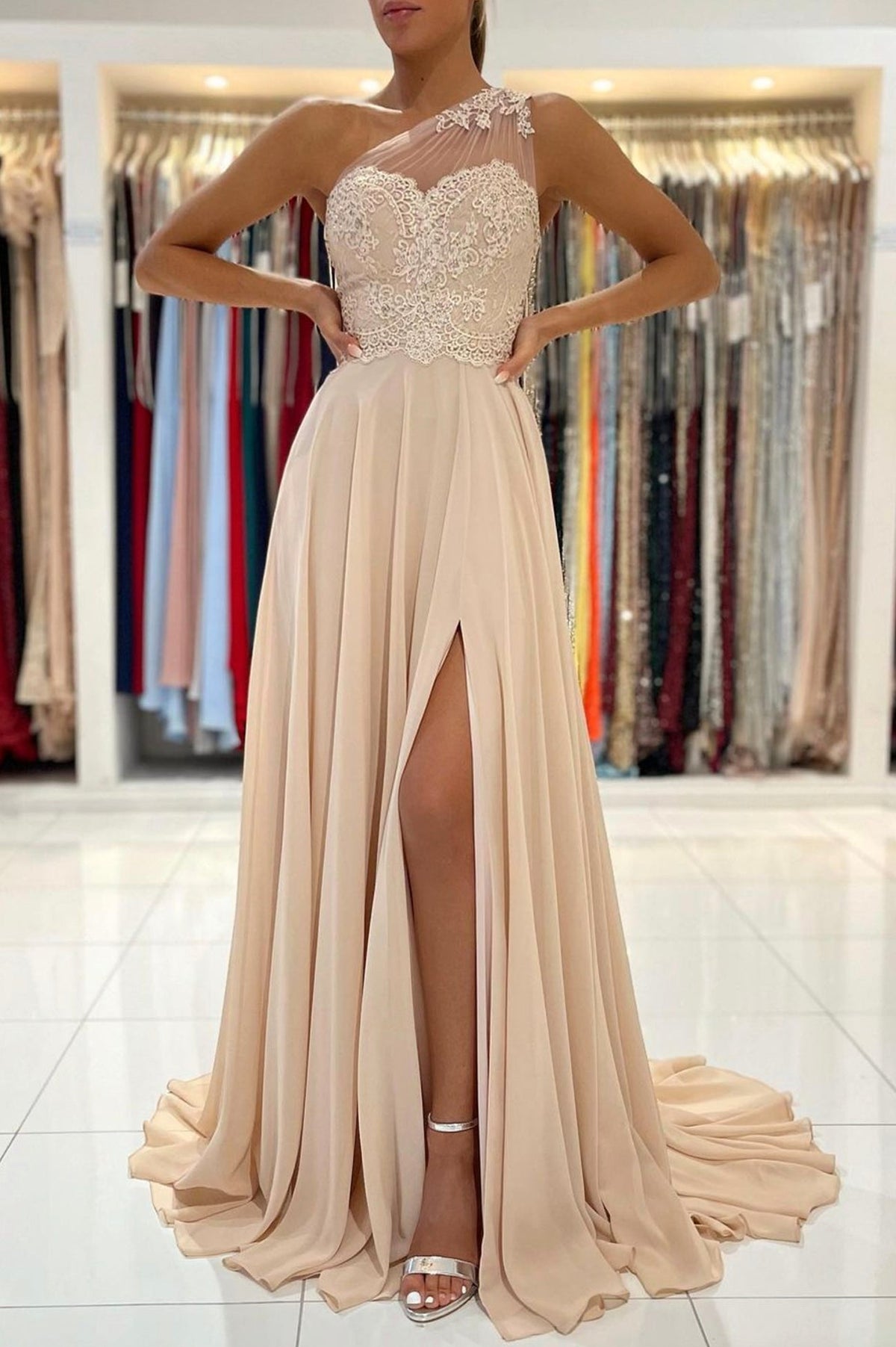 Champagne Chiffon Long Prom Dresses, One Shoulder Evening Dresses