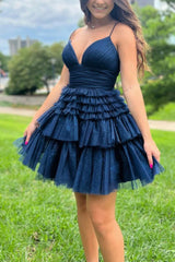 Blue Tulle Short A-Line Prom Dress, Cute V-Neck Party Dress