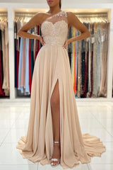 Champagne Chiffon Long Prom Dresses, One Shoulder Evening Dresses