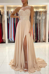 Champagne Chiffon Long Prom Dresses, One Shoulder Evening Dresses