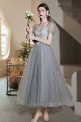 Gray Tulle Beaded Tea Length Prom Dress, A-Line Evening Dress