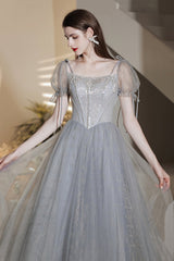 Gray Tulle Beaded Tea Length Prom Dress, A-Line Evening Dress