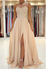 Champagne Chiffon Long Prom Dresses, One Shoulder Evening Dresses