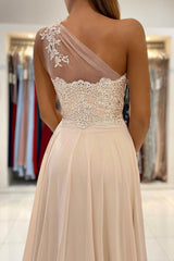 Champagne Chiffon Long Prom Dresses, One Shoulder Evening Dresses