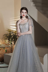 Gray Tulle Beaded Tea Length Prom Dress, A-Line Evening Dress