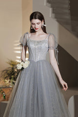 Gray Tulle Beaded Tea Length Prom Dress, A-Line Evening Dress
