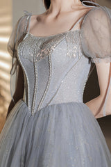 Gray Tulle Beaded Tea Length Prom Dress, A-Line Evening Dress