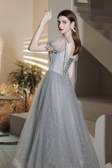 Gray Tulle Beaded Tea Length Prom Dress, A-Line Evening Dress