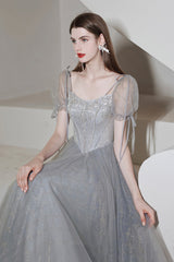 Gray Tulle Beaded Tea Length Prom Dress, A-Line Evening Dress