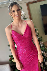 Mermaid Fuchsia Sequins Long V Neck Party Prom Dresses