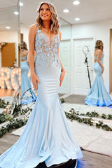Mermaid Spaghetti Straps V Neck Light Blue Long Prom Dress with Appliques Sexy