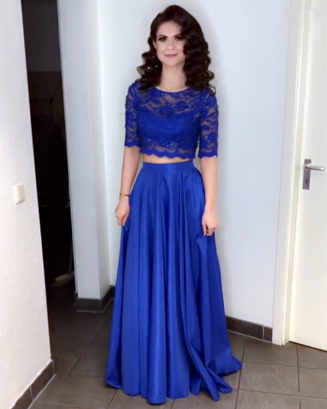 Lace Crop Floor Length Satin Prom Dresses Two Piece