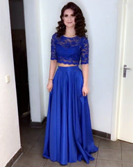 Lace Crop Floor Length Satin Prom Dresses Two Piece