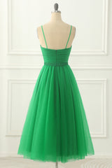 Green Spaghetti Straps Tulle Prom Dress With Sash Pure Color