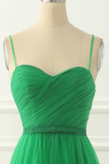 Green Spaghetti Straps Tulle Prom Dress With Sash Pure Color