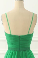 Green Spaghetti Straps Tulle Prom Dress With Sash Pure Color
