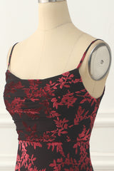 Burgundy Sheath Floral Burnout Velvet Prom Dress Long