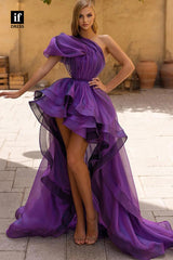 30820 - A-Line One Shoulder High Low Ruched Party Prom Dress with Train