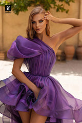 30820 - A-Line One Shoulder High Low Ruched Party Prom Dress with Train