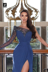 30844 - One Shoulder Beads High Slit  Chiffon Long Formal Evening Dress with Sleeves