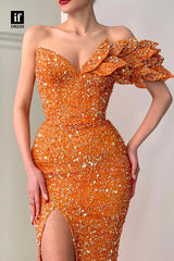 33892 - Sparkly Off-Shoulder V-Neck Sleeveless Sequined Column Prom Formal Dress