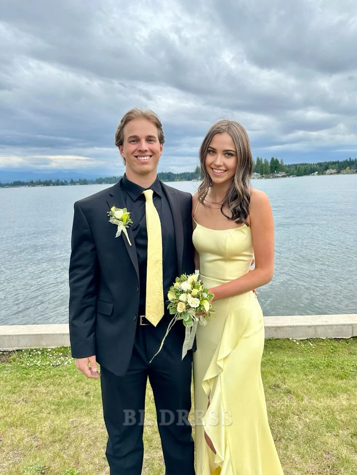 Sheath Spaghetti Straps Yellow formal dresses Bridesmaid Dresses evening gown Prom Dress With Split