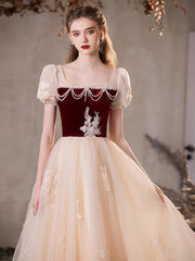 A-Line Tulle Champagne Long Prom Dress with Beads