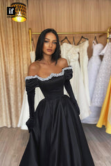33992 - A-Line Long Sleeves Off-Shoulder Pearls Prom Formal Gown