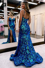 33895 - Spaghetti Straps Backless Sequins Appliques Mermaid Formal Prom Dress