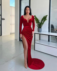 33829 - Plunging V-Neck Long Sleeves High Split Long Formal Prom Gown