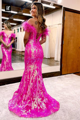 34002 - Romantic Off-Shoulder Cap Sleeves Appliques Column Prom Formal Dress
