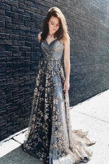A-Line Tulle Sequins Long Prom Dresses, V-Neck Evening Dresses