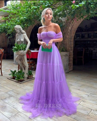 A line Off The Shoulder Lilac Tulle Fold Long formal dresses Bridesmaid Dresses evening gown Prom Dress