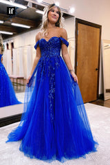 34057 - A Line Off the Shoulder Appliques Long  Prom Bridesmaid Dress