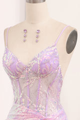 Light Purple Sequined Mermaid Long Corset Prom Dress With Slit Sparkly