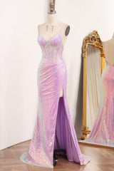Light Purple Sequined Mermaid Long Corset Prom Dress With Slit Sparkly