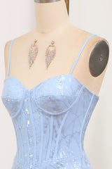 Light Blue Mermaid Spaghetti Straps Long Corset Prom Dress Sexy