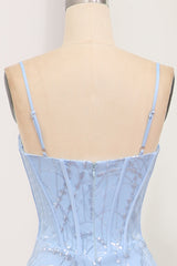 Light Blue Mermaid Spaghetti Straps Long Corset Prom Dress Sexy