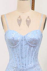 Light Blue Mermaid Spaghetti Straps Long Corset Prom Dress Sexy