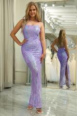Sparkly Lilac Mermaid Backless Long Prom Dress With Embroidery Sexy