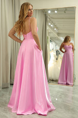 Glitter Pink A Line Spaghetti Straps Backless Long Corset Prom Dress Sexy