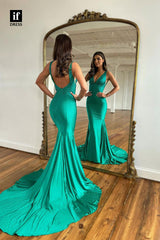 34097 - Elegant Double Straps Beading Low V-Neck Satin Mermaid Prom Formal Dress