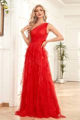 Bright Red Tulle Long Tiered Prom Dress One Shoulder Sexy