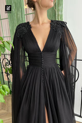32841- Plunging V-Neck Beads Black Long Prom Dress with Pockets