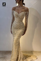 32843 - Stunning V-Neck Long Sleeves Beading Mermaid  Long Formal Evening Dress