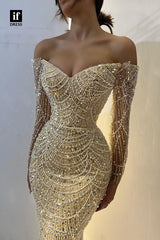 32843 - Stunning V-Neck Long Sleeves Beading Mermaid  Long Formal Evening Dress